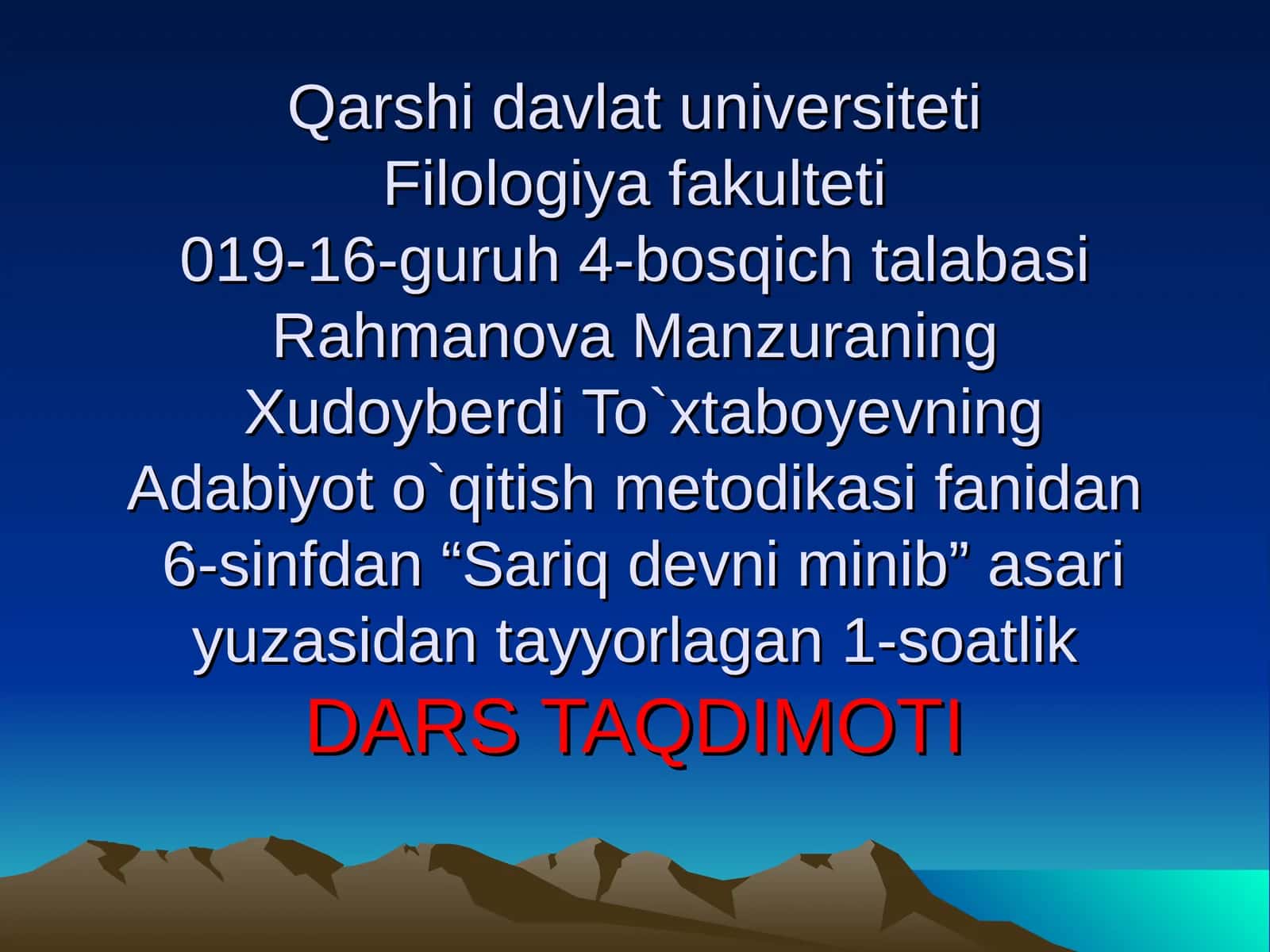 Adabiyot o`qitish metodikasi fanidan "Sariq devni minib" asari