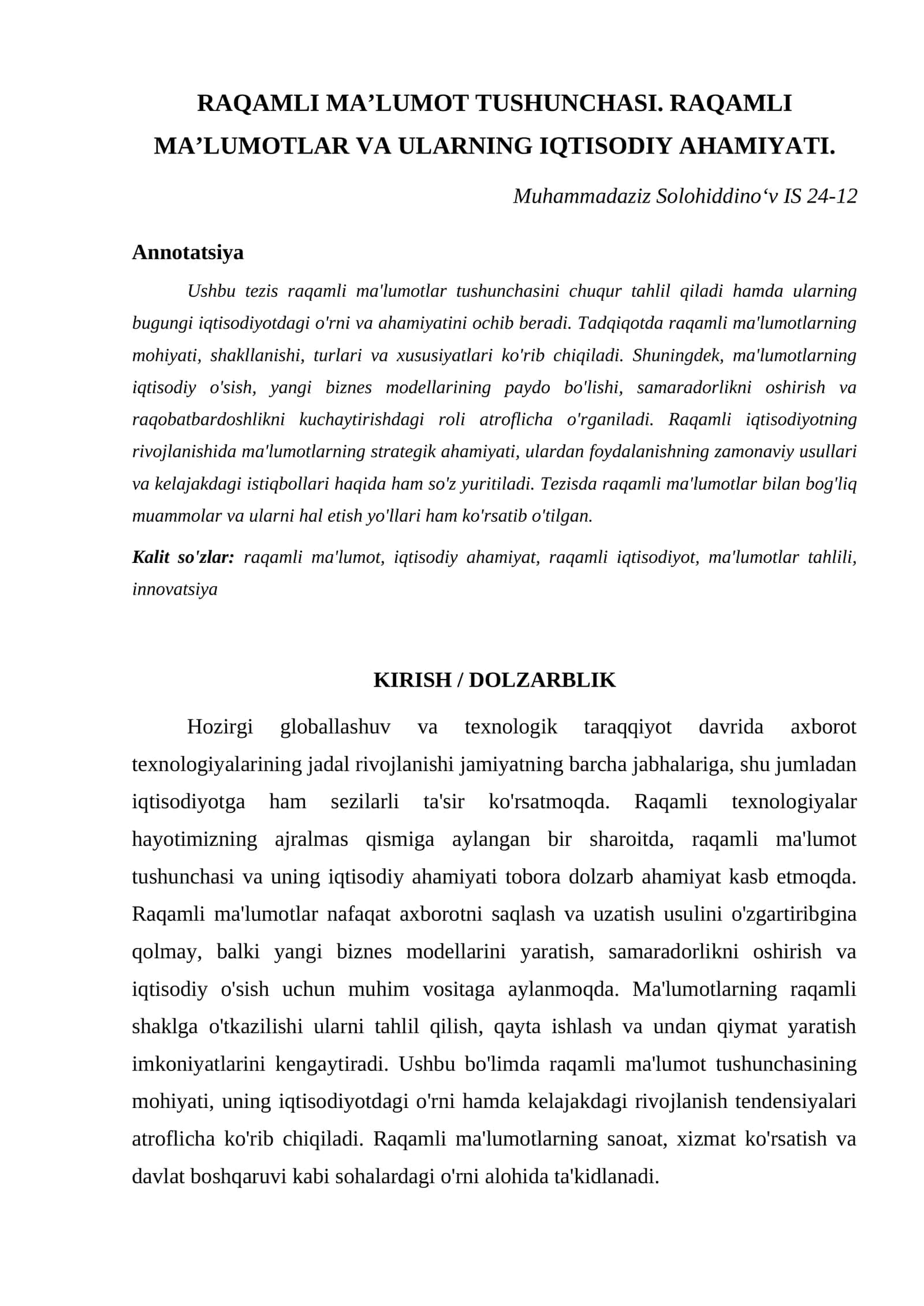 RAQAMLI MA’LUMOT TUSHUNCHASI. RAQAMLI MA’LUMOTLAR VA ULARNING IQTISODIY AHAMIYATI
