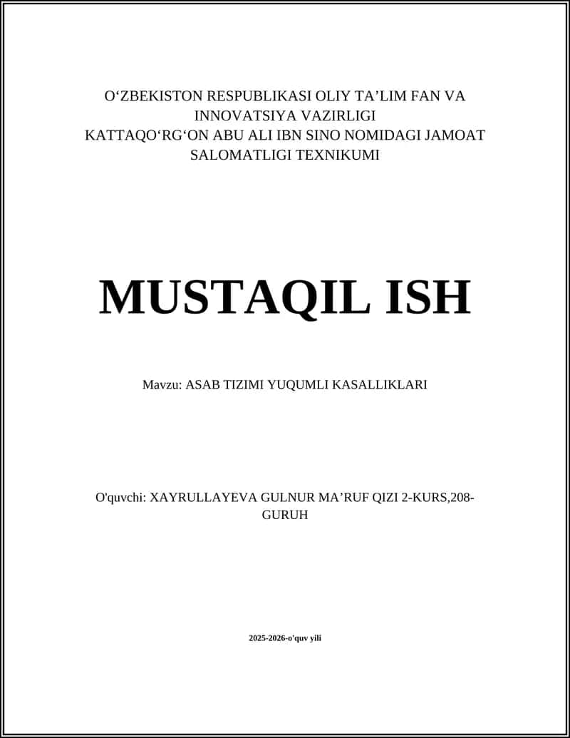 ASAB TIZIMI YUQUMLI KASALLIKLARI