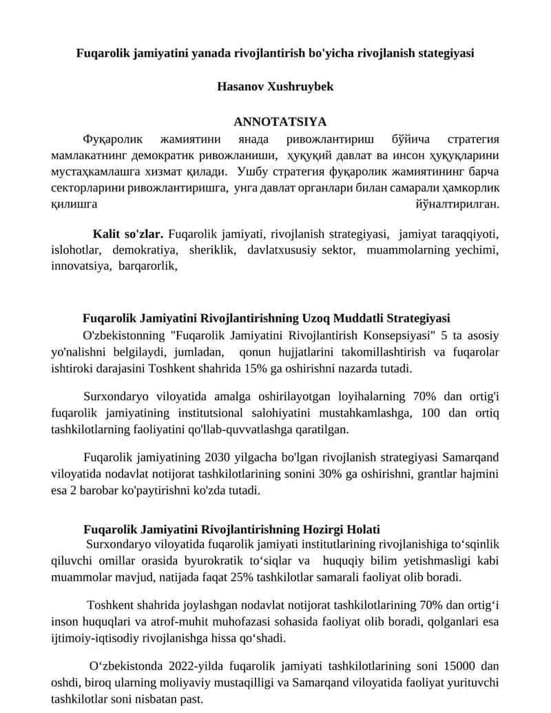 Fuqarolik Jamiyatini Rivojlantirishning Uzoq Muddatli Strategiyasi
