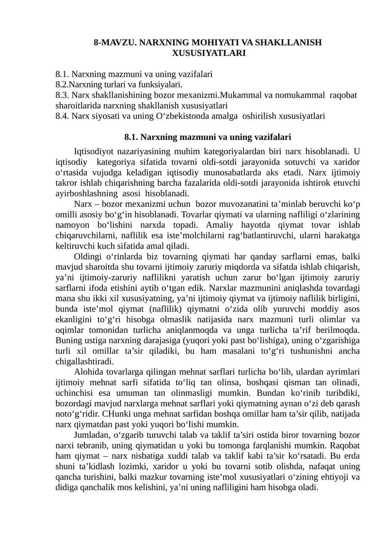 NARXNING MOHIYATI VA SHAKLLANISH XUSUSIYATLARI