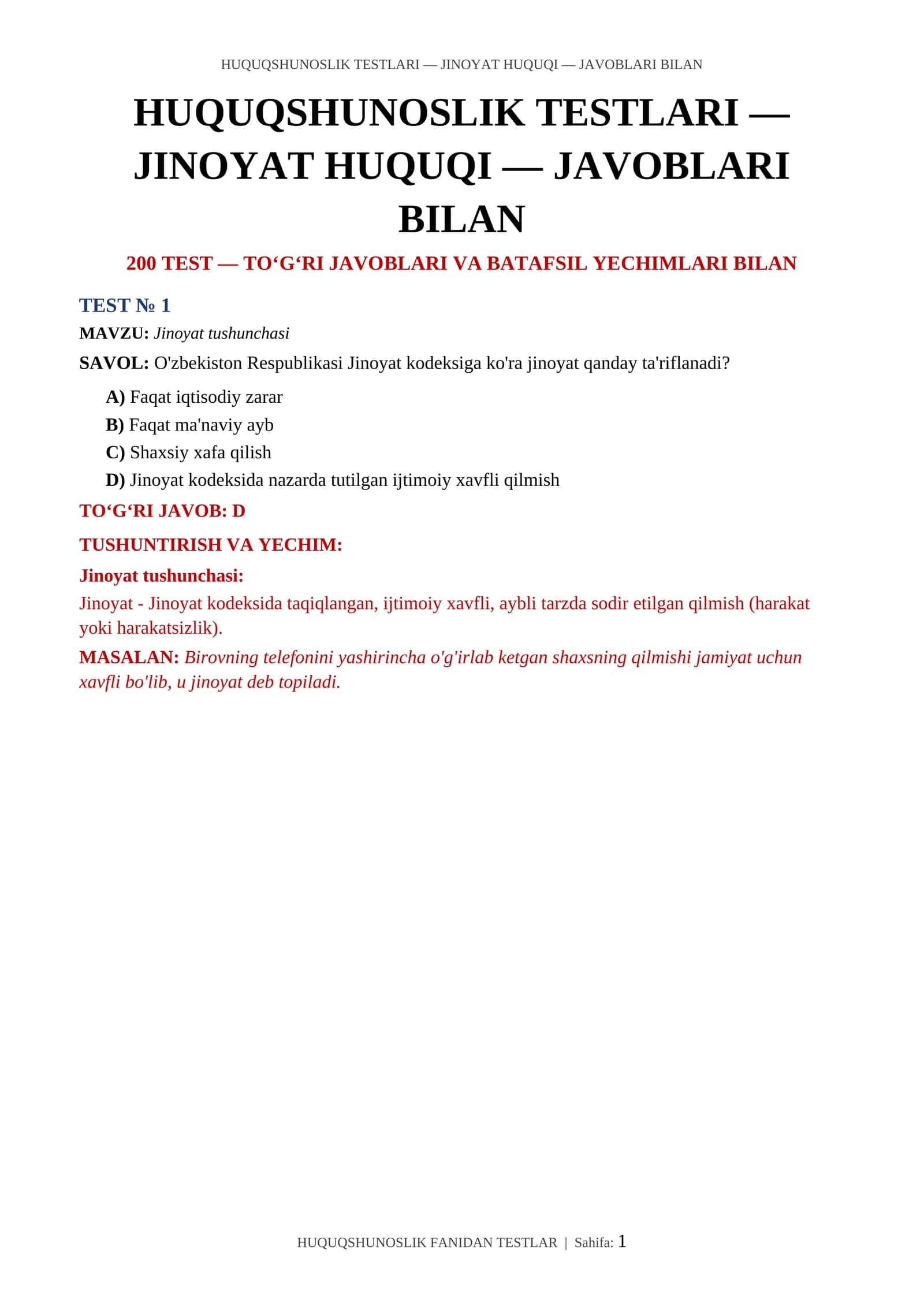 HUQUQSHUNOSLIK TESTLARI — JINOYAT HUQUQI — JAVOBLARI BILAN