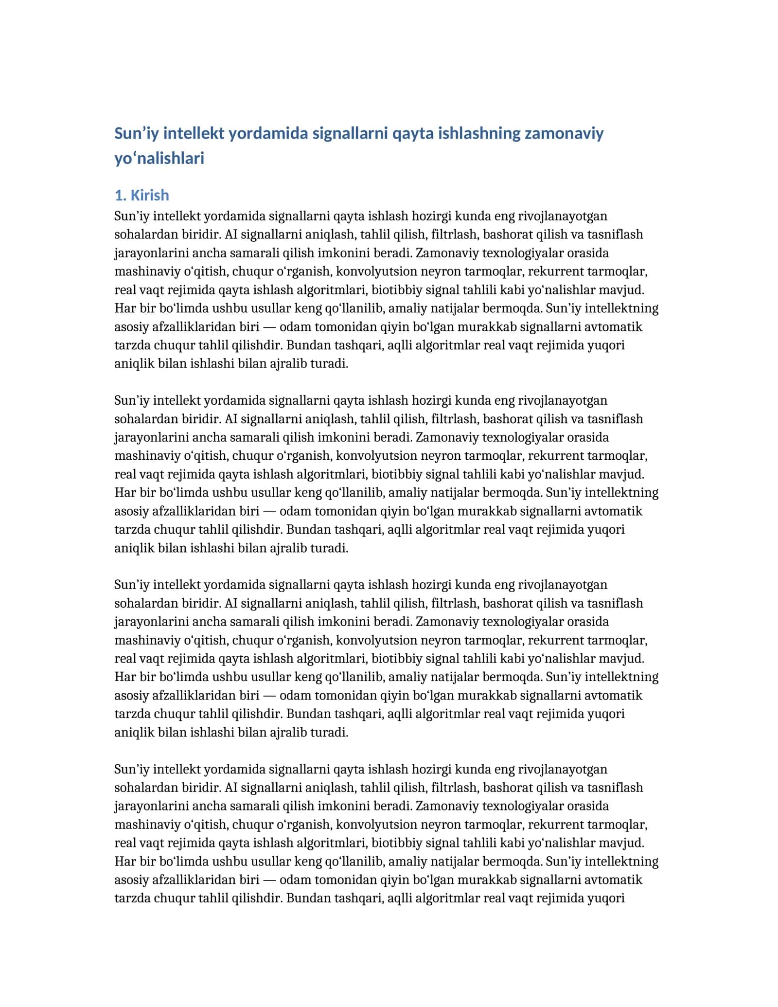 Signallarni qayta ishlashning zamonaviy yo‘nalishlari