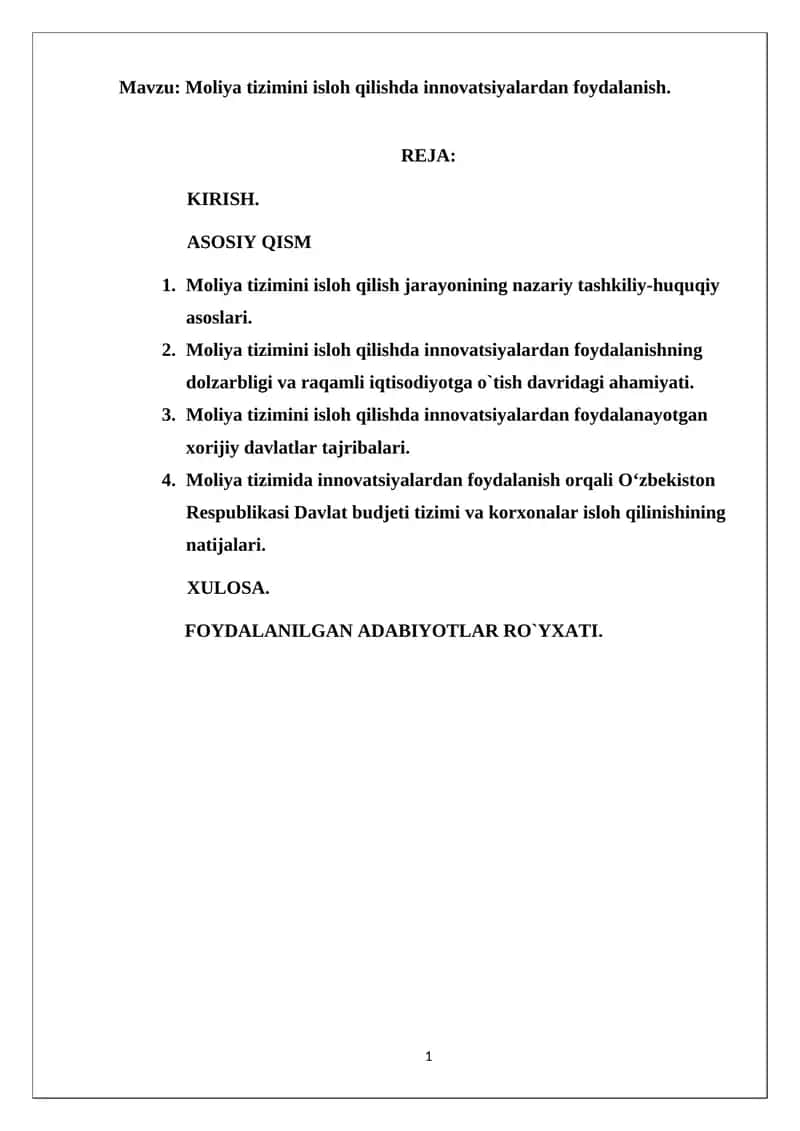 Moliya tizimini isloh qilishda innovatsiyalardan foydalanish