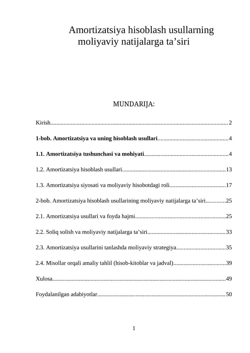 Amortizatsiya hisoblash usullarning moliyaviy natijalarga taʼsiri