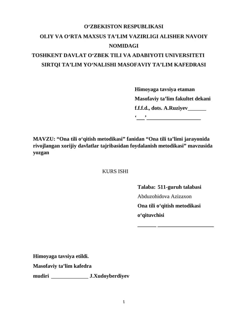 Ona tili ta’limi jarayonida rivojlangan xorijiy davlatlar tajribasidan foydalanish metodikasi