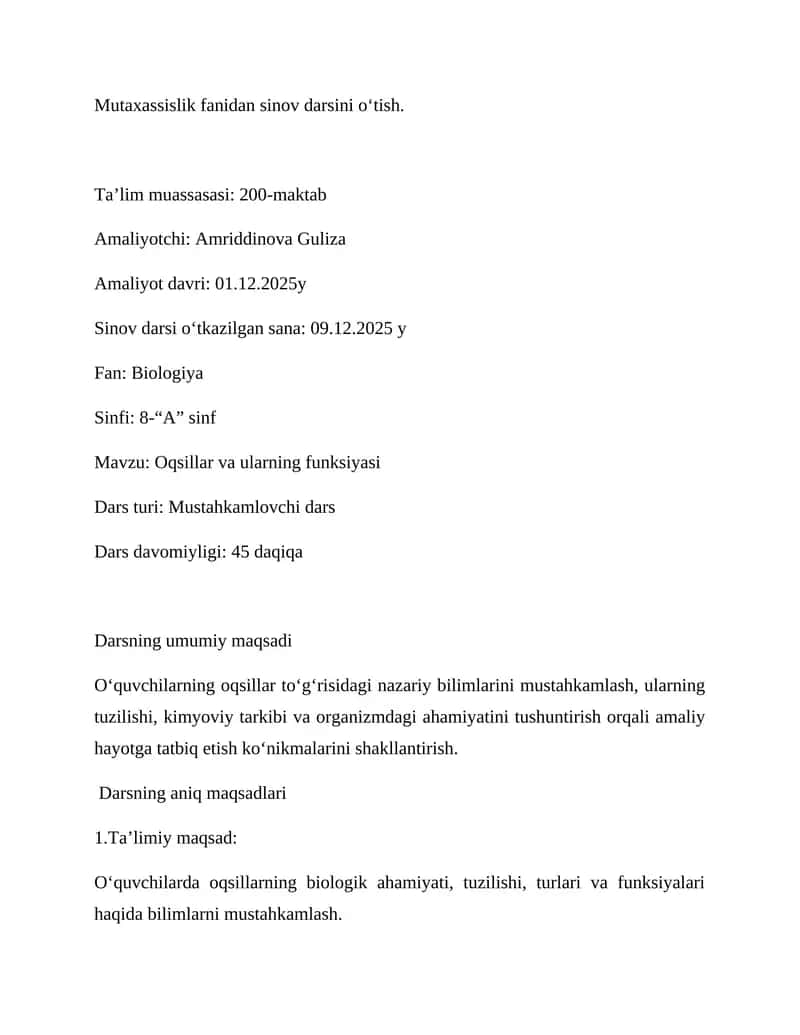BIOLOGIYANI O`QITISH METODIKASI" FANIDAN OCHIQ DARS