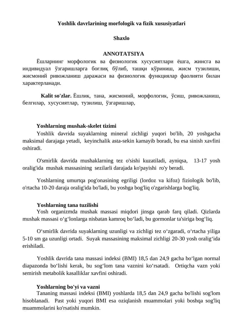 Yoshlik davrlarining morfologik va fizik xususiyatlari