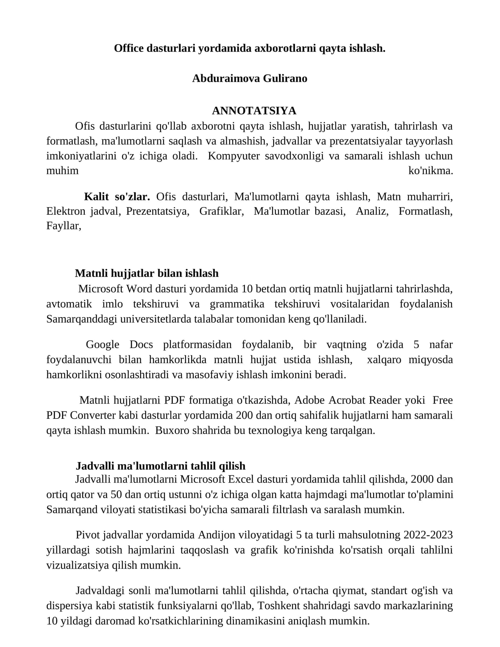 Ofis dasturlari yordamida axborotlarni qayta ishlash