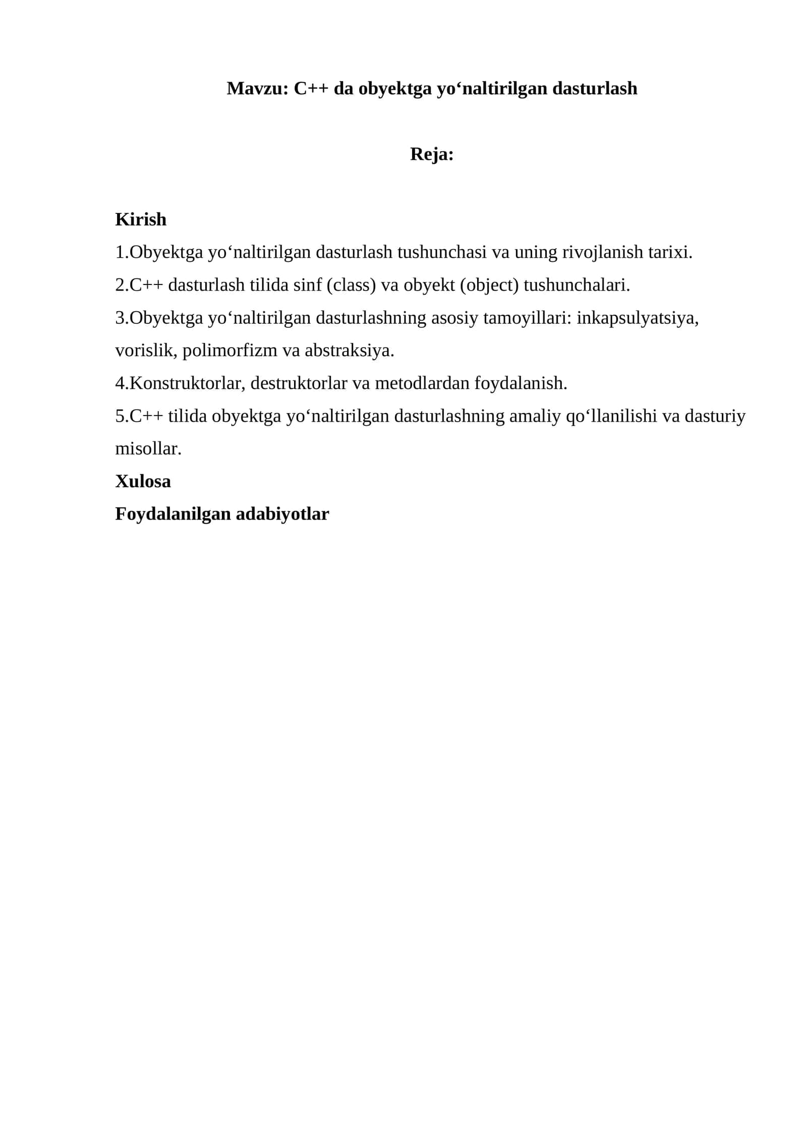 C++ da obyektga yo‘naltirilgan dasturlash