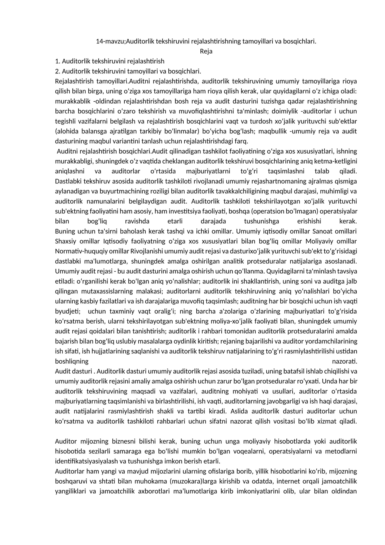 Auditorlik tekshiruvini rejalashtirishning tamoyillari va bosqichlari
