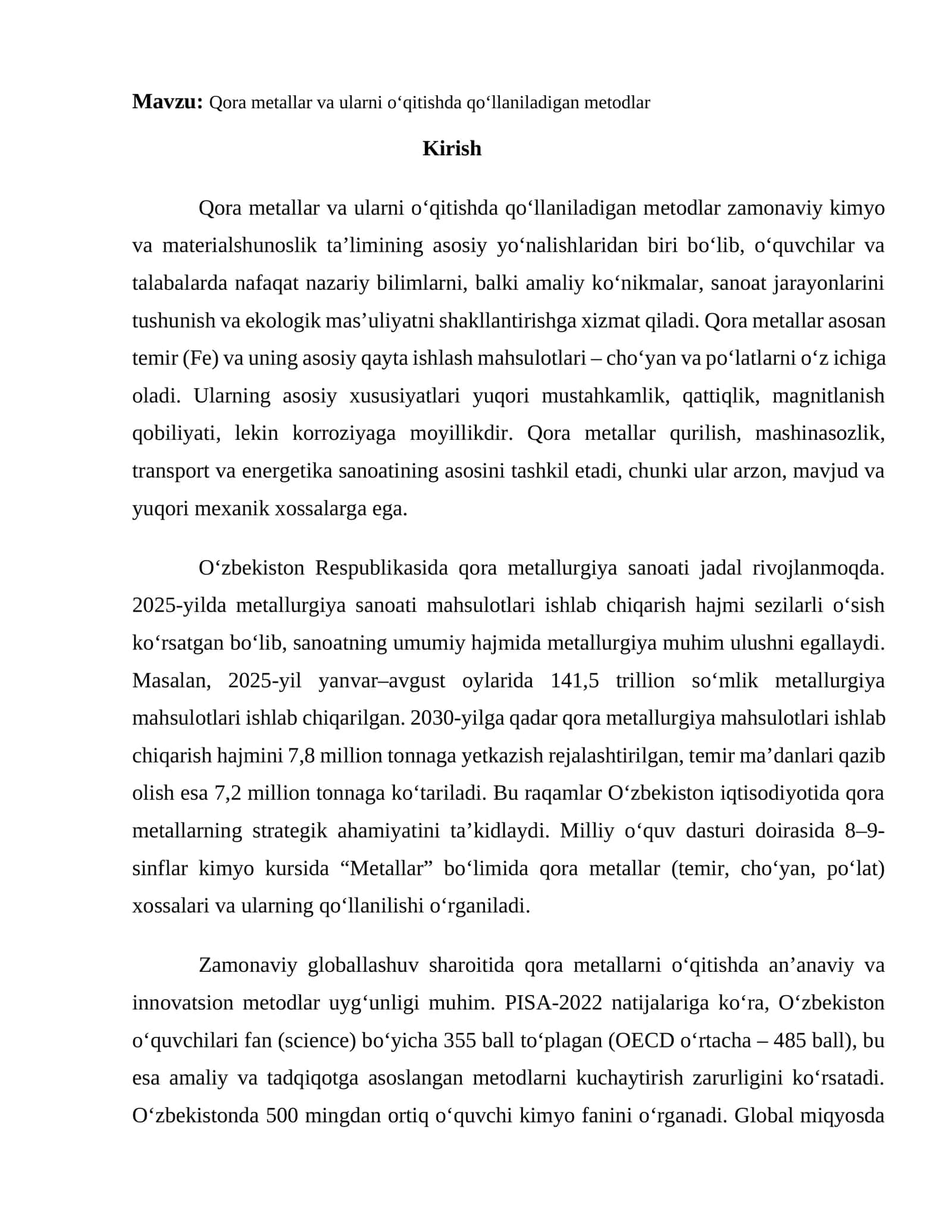 Qora metallar va ularni o‘qitishda qo‘llaniladigan metodlar