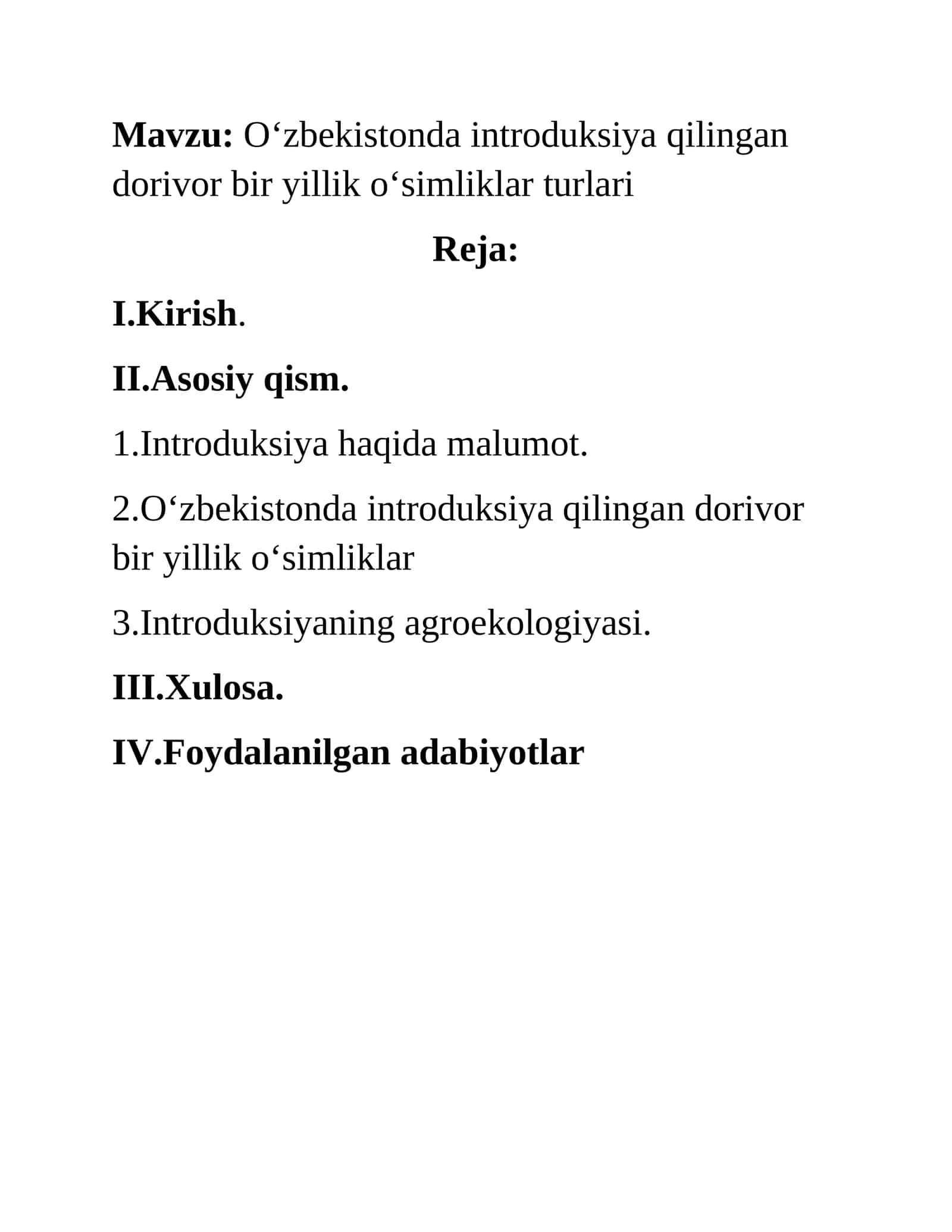 O'zbekistonda introduksiya qilingan dorivor bir yillik o'simliklar turlari