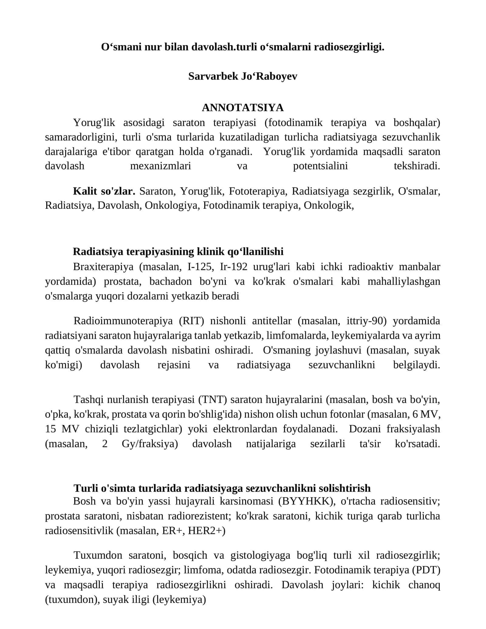 Oʻsmani nur bilan davolash.turli oʻsmalarni radiosezgirligi