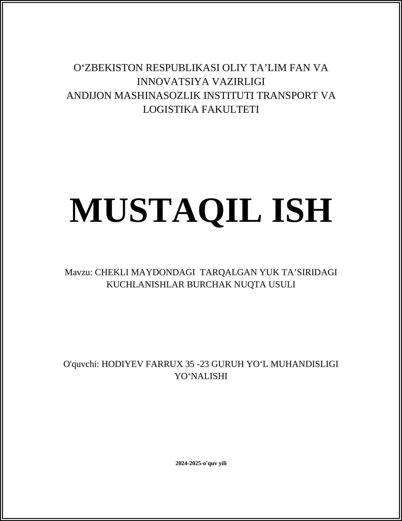CHEKLI MAYDONDAGI TARQALGAN YUK TAʼSIRIDAGI KUCHLANISHLAR BURCHAK NUQTA USULI