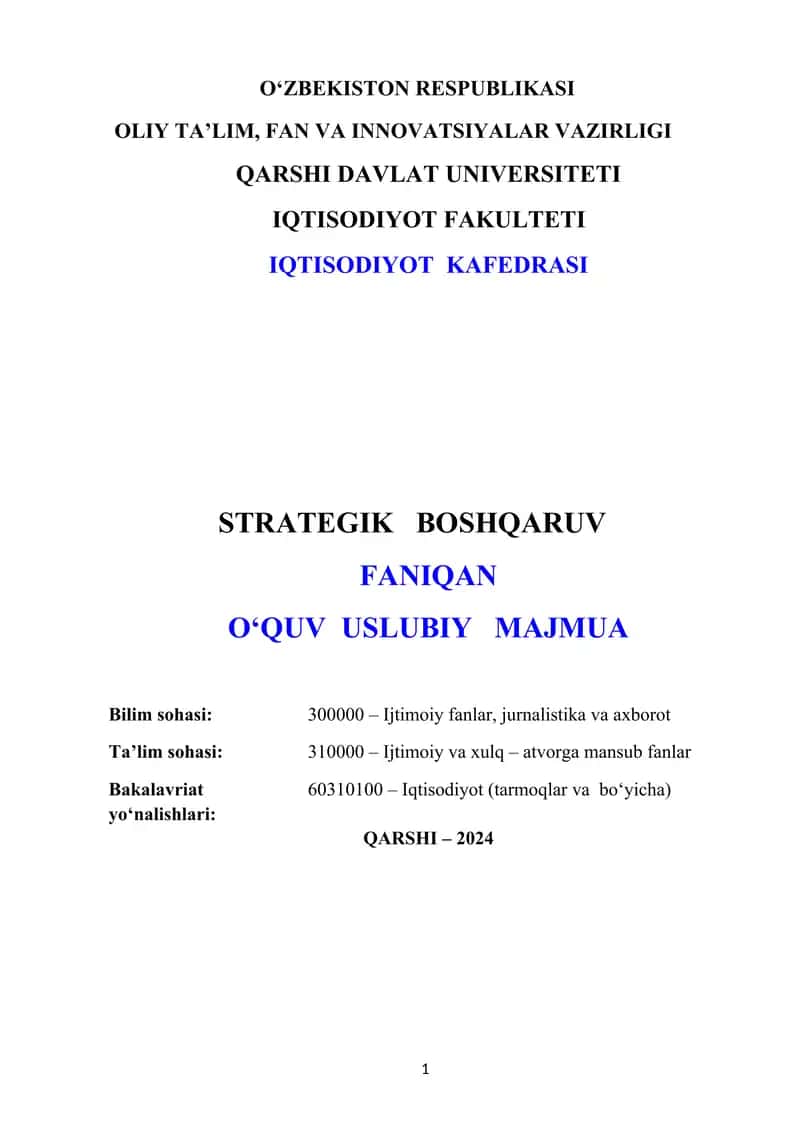 strategik boshqaruv fanidan O'quv uslubiy majmua to'liq