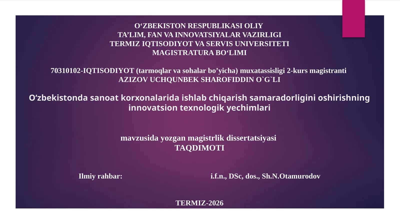 Magistrlik dissertatsiyasi mavzusi
