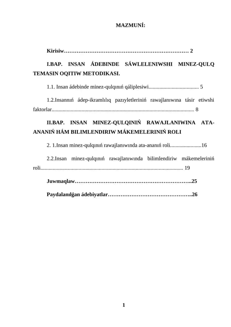KURS JUMISI TÁRBIYA INSAN ÁDEBINDE SÁWLELENIWSHI MINEZ-QULQTI OQITIW METODIKASI