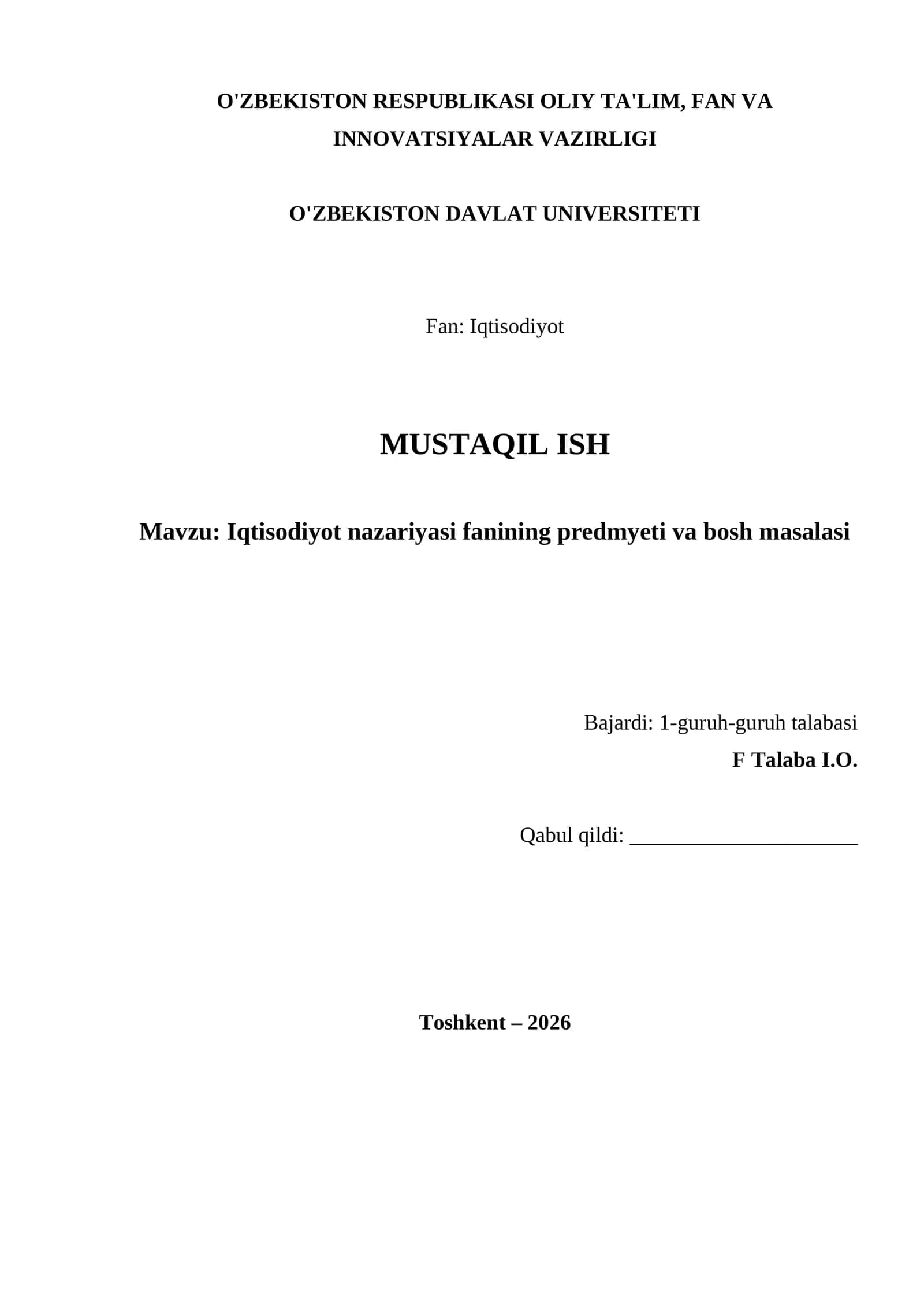 Iqtisodiyot nazariyasi fanining predmyeti va bosh masalasi