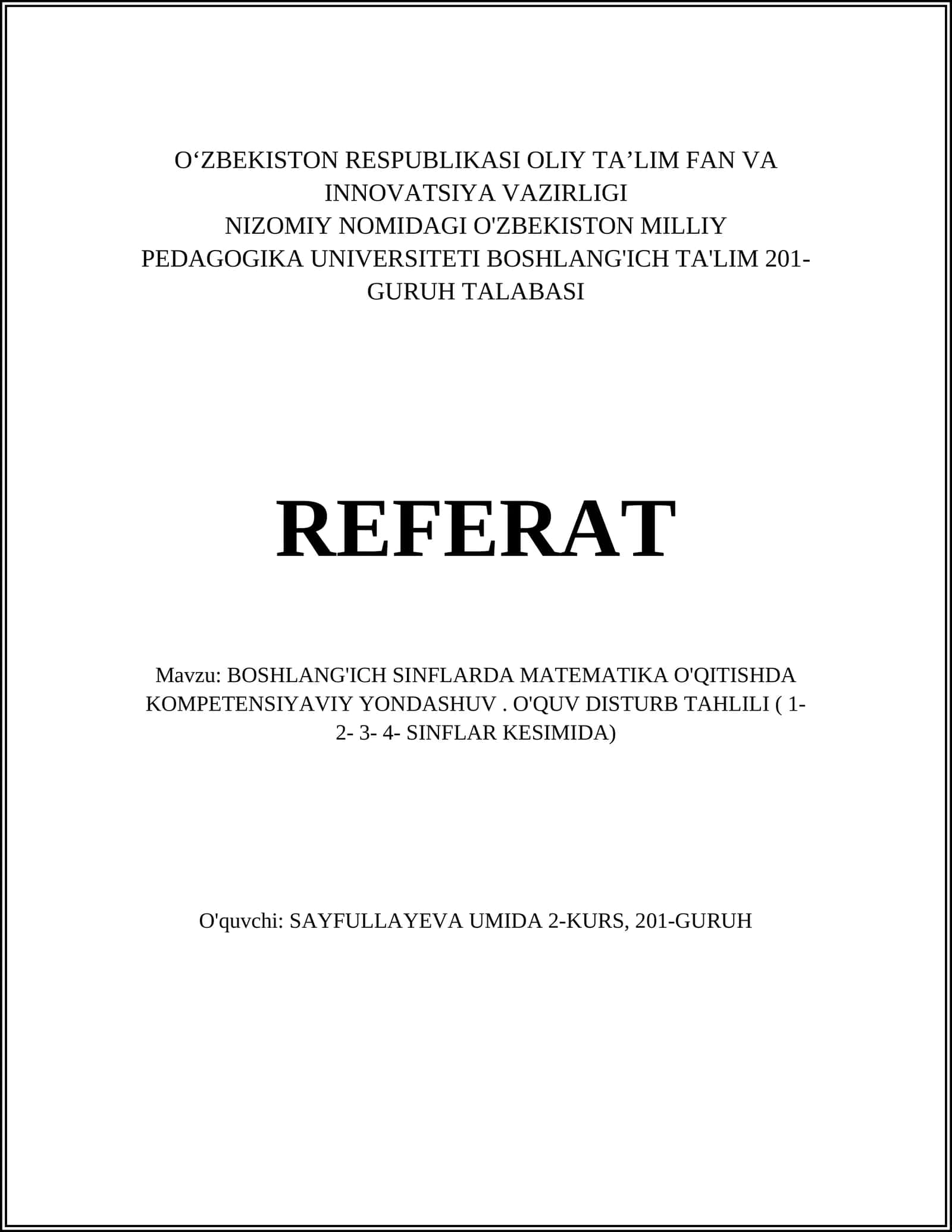 BOSHLANG'ICH SINFLARDA MATEMATIKA O'QITISHDA KOMPETENSIYAVIY YONDASHUV