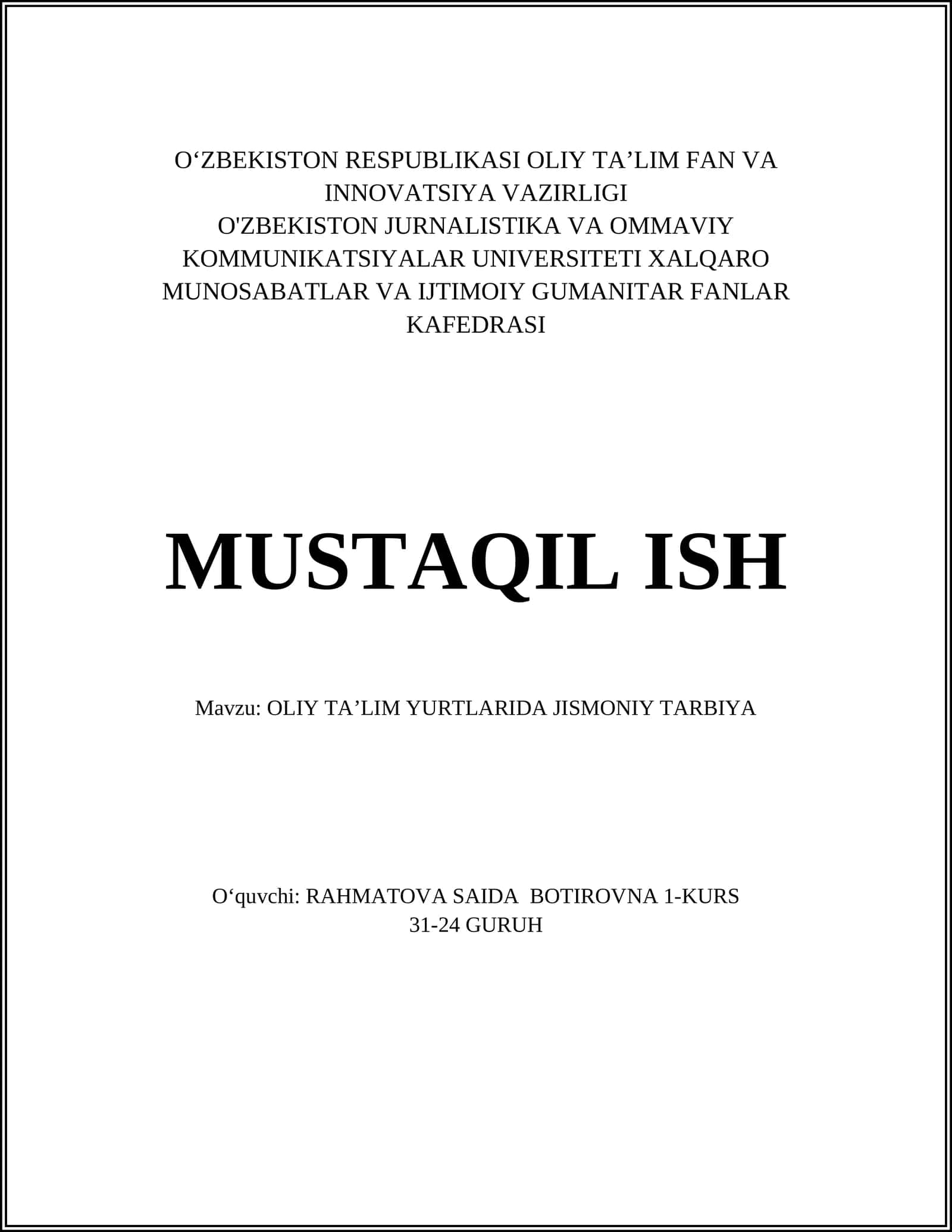 OLIY TA’LIM YURTLARIDA JISMONIY TARBIYA