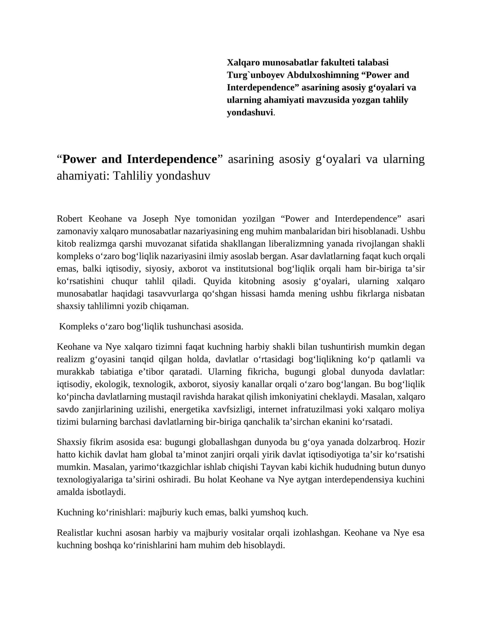 Power and Interdependence asarining asosiy g‘oyalari va ularning ahamiyati