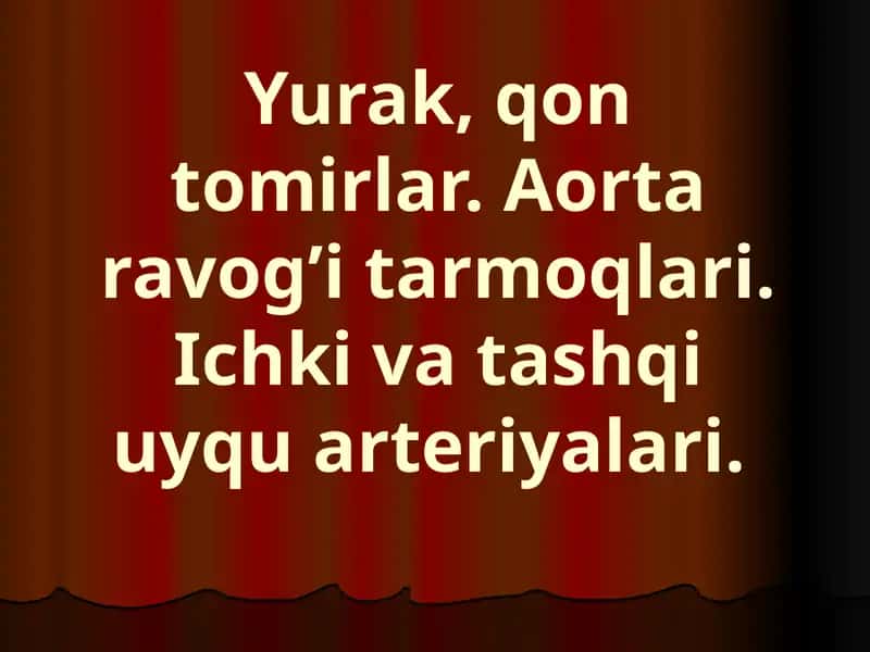 Yurak, qon tomirlar. Aorta ravog’i tarmoqlari. Ichki va tashqi uyqu arteriyalari