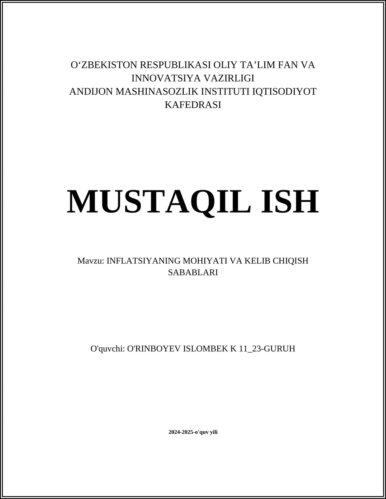 INFLATSIYANING MOHIYATI VA KELIB CHIQISH SABABLARI