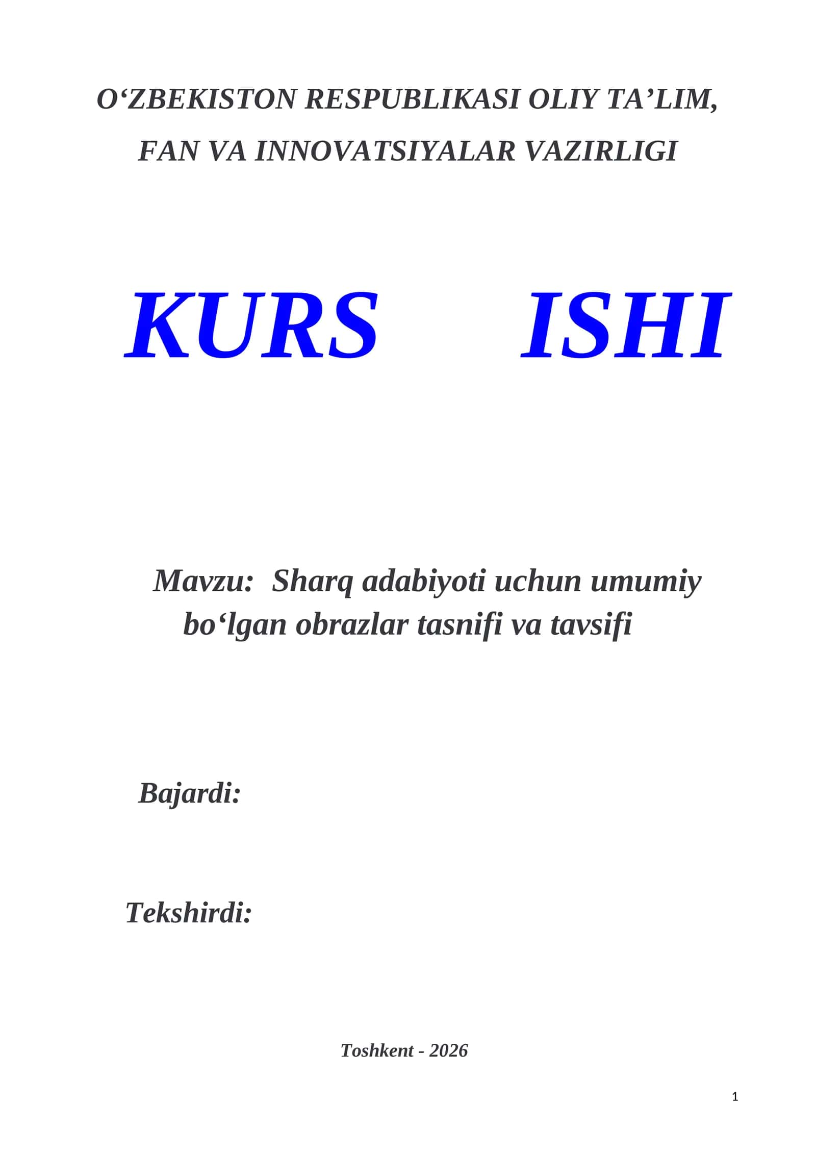 Sharq adabiyoti uchun umumiy boʻlgan obrazlar tasnifi va tavsifi