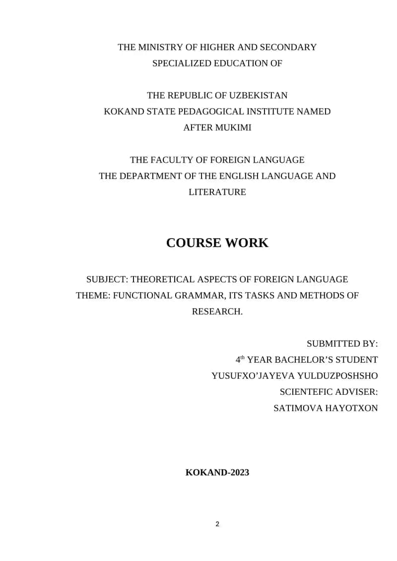 FUNCTIONAL GRAMMAR, ITS TASKS AND METHODS OF RESEARCH.