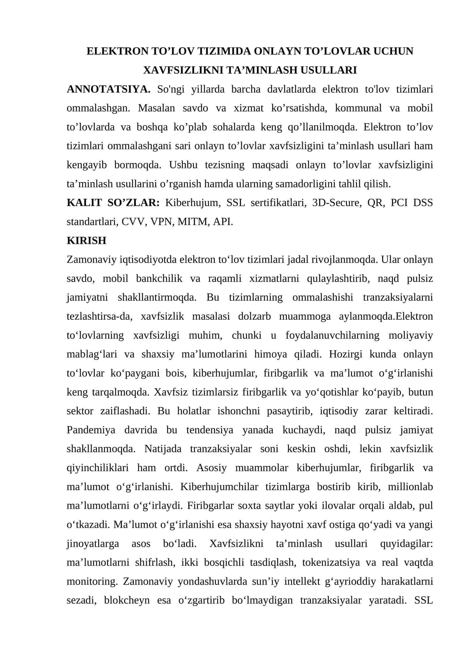 Elektron to'lov tizimida onlayn to'lovlar uchun xavfsizlikni ta'minlash usullari