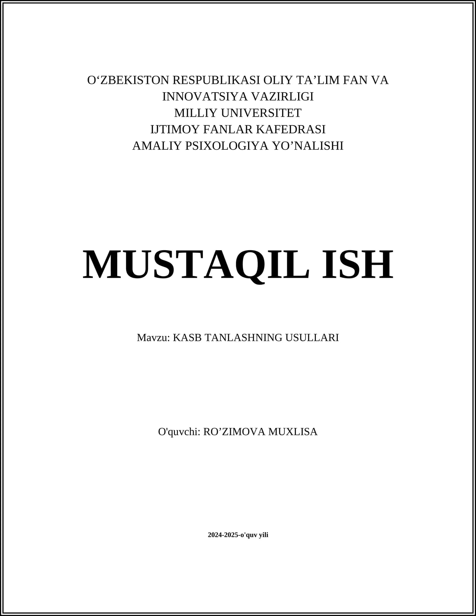 KASB TANLASHNING USULLARI