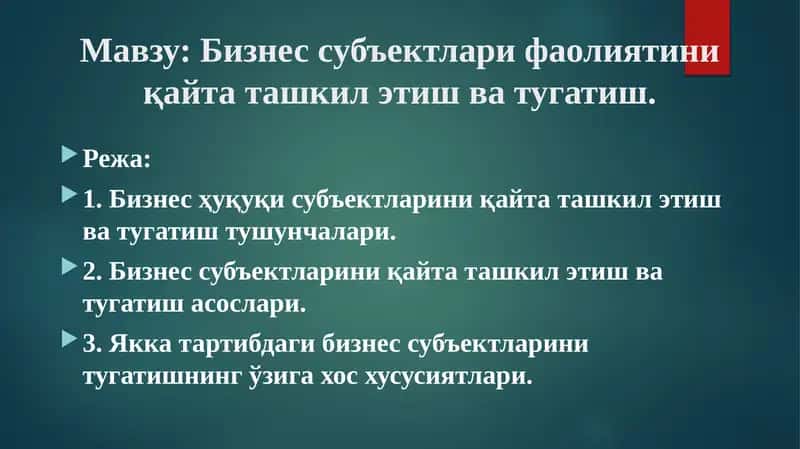 Бизнессубъектлари фаолиятини қайта ташкил этиш ва тугатиш