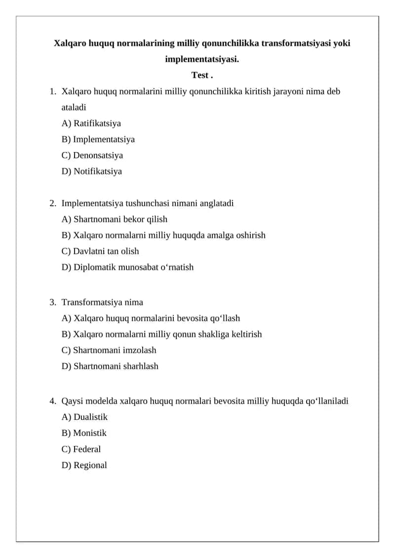 Xalqaro huquq normalarining milliy qonunchilikka transformatsiyasi yoki implementatsiyasi