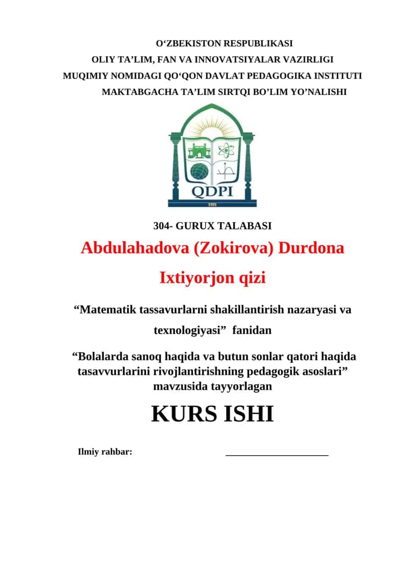 Bolalarda sanoq haqida va butun sonlar qatori haqida tasavvurlarini rivojlantirishning pedagogik asoslari
