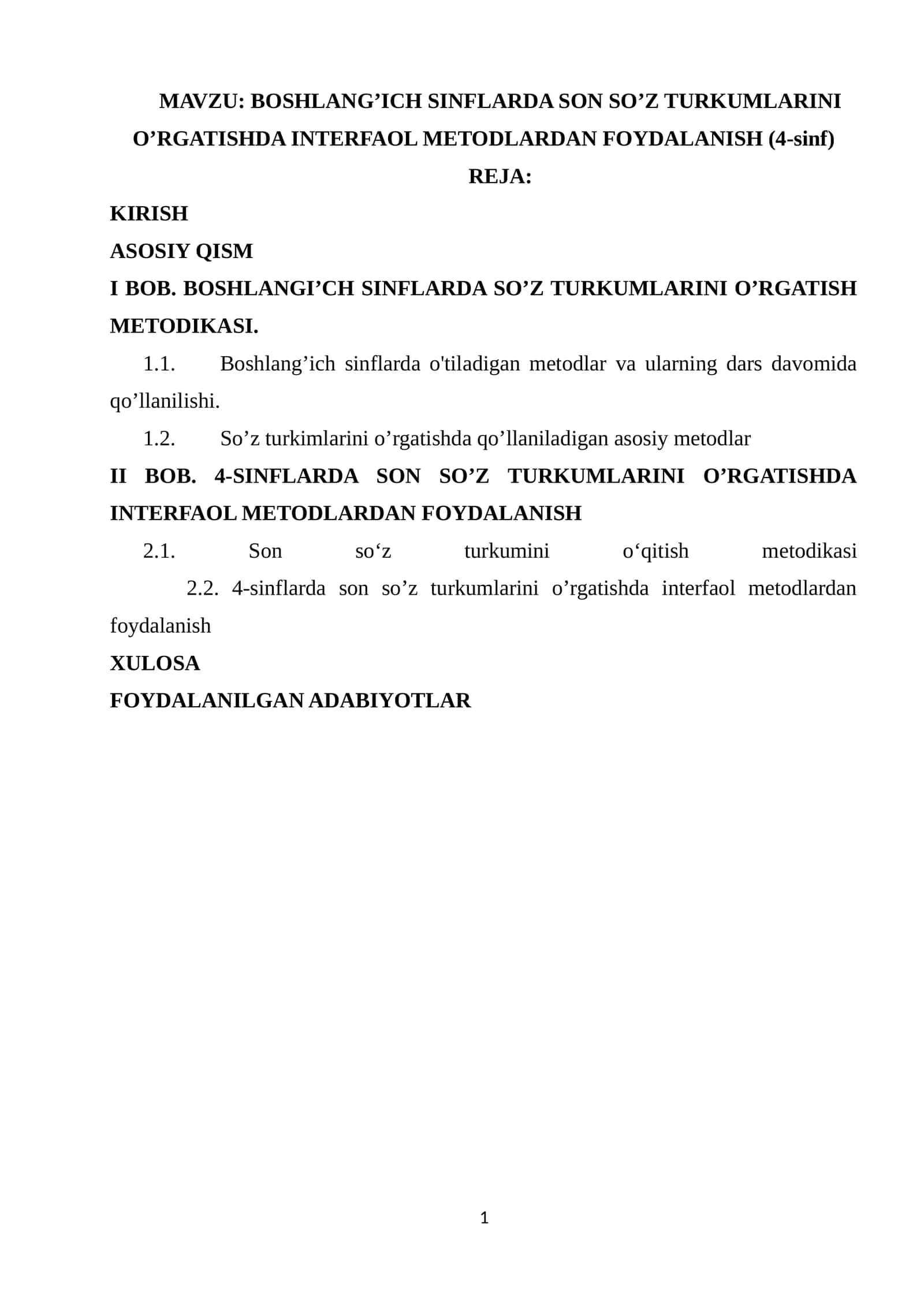 BOSHLANG’ICH SINFLARDA SON SO’Z TURKUMLARINI O’RGATISHDA INTERFAOL METODLARDAN FOYDALANISH (4-sinf)