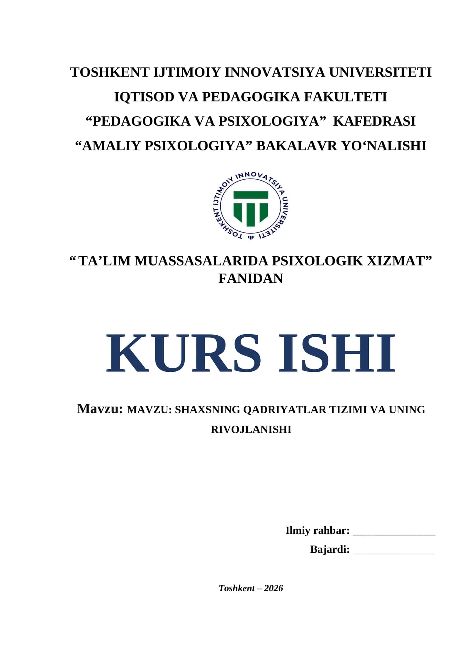 Shaxsning qadriyatlar tizimi va uning rivojlanishi