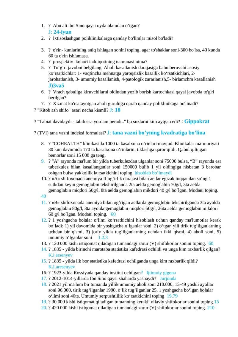 Tibbiyotga oid savol-javoblar to'plami
