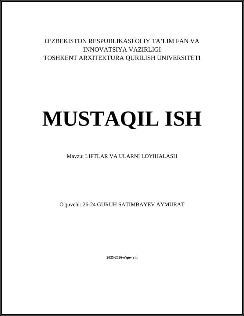 Liftlar va Ularni Loyihalash