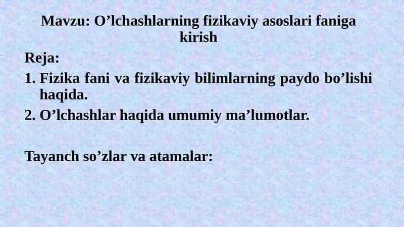 O’lchashlarning fizika viya soslari