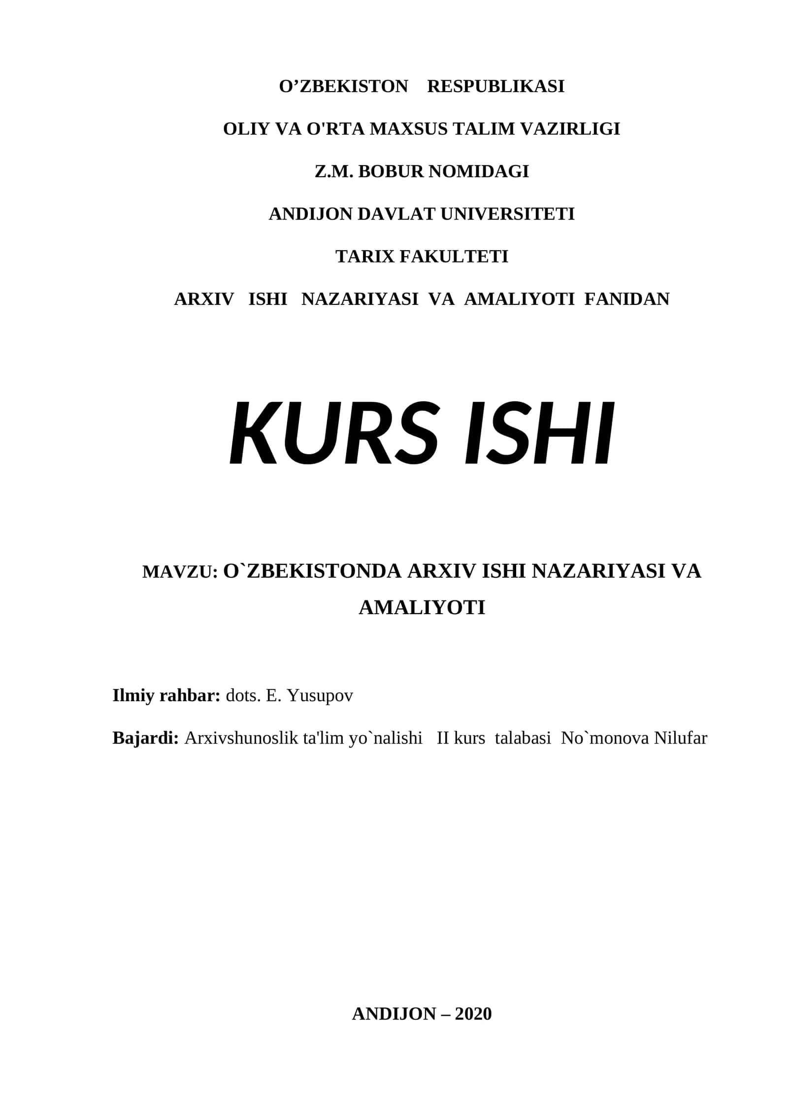 O`ZBEKISTONDA ARXIV ISHI NAZARIYASI VA AMALIYOTI