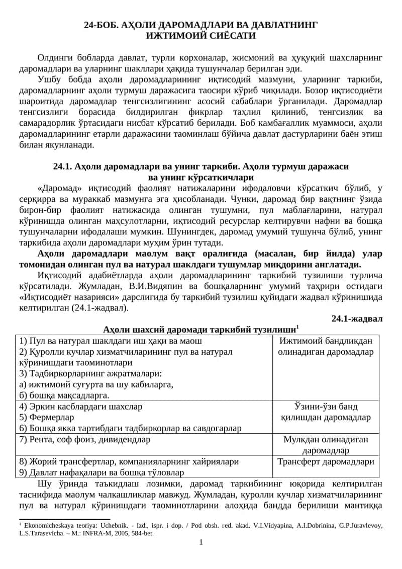 24-БОБ. АҲОЛИ ДАРОМАДЛАРИ ВА ДАВЛАТНИНГ ИЖТИМОИЙ СИЁСАТИ