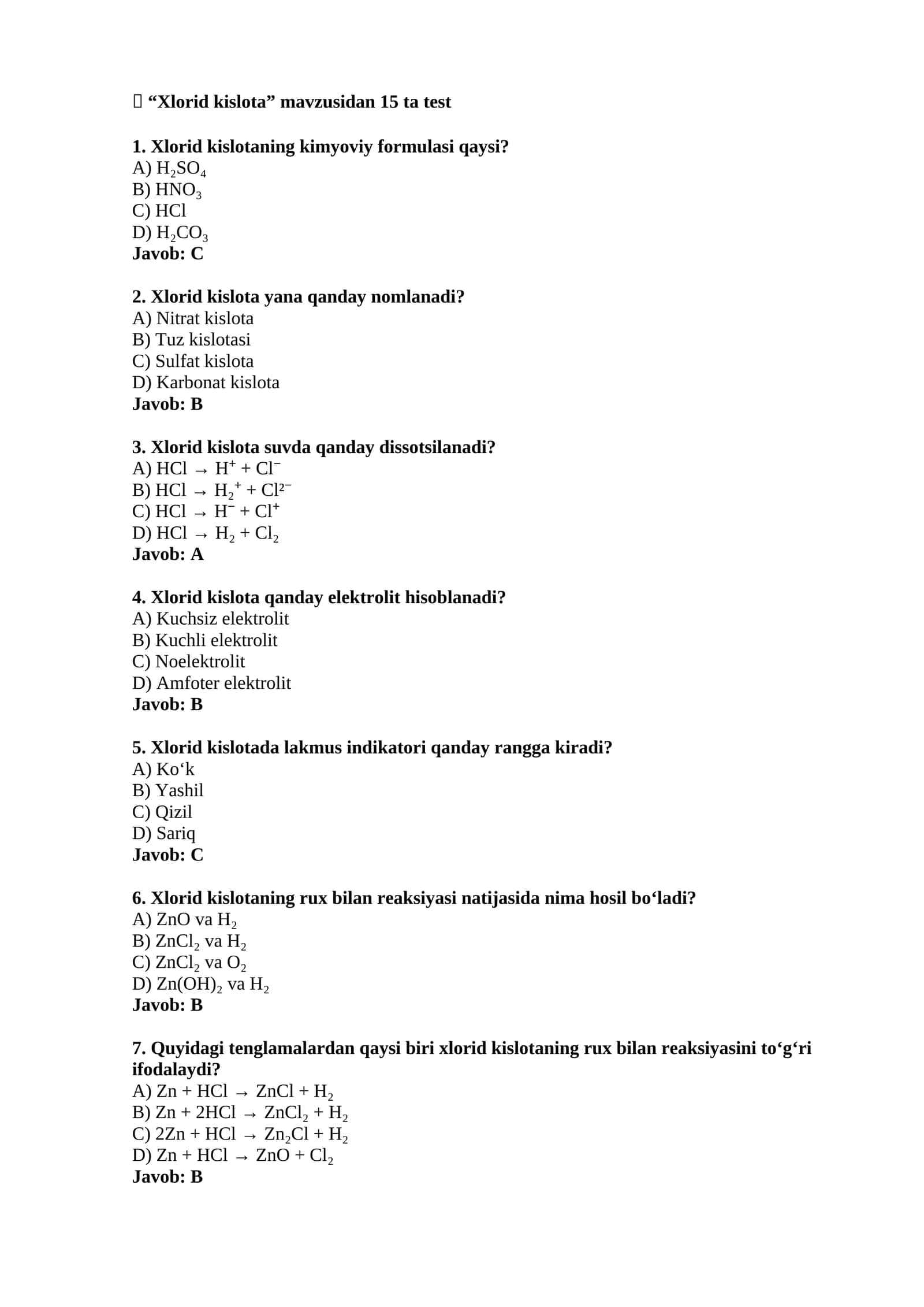 Xlorid kislota testi