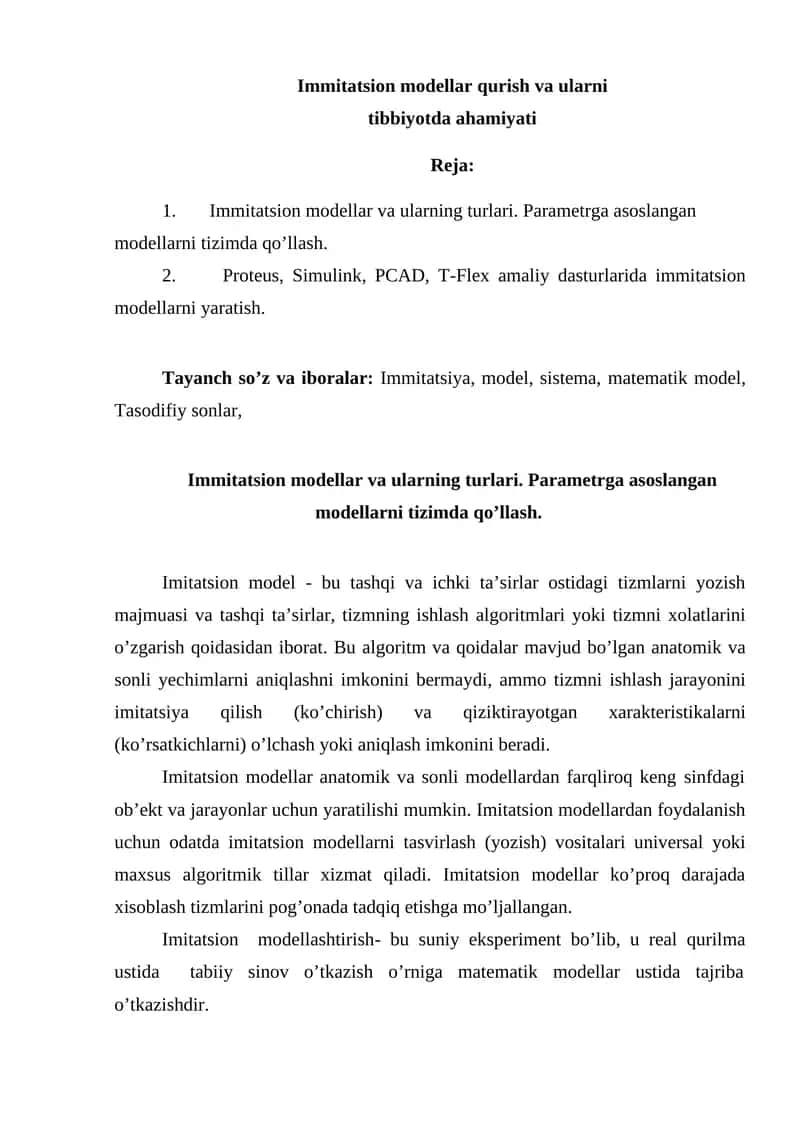 Immitatsion modellar va ularning turlari