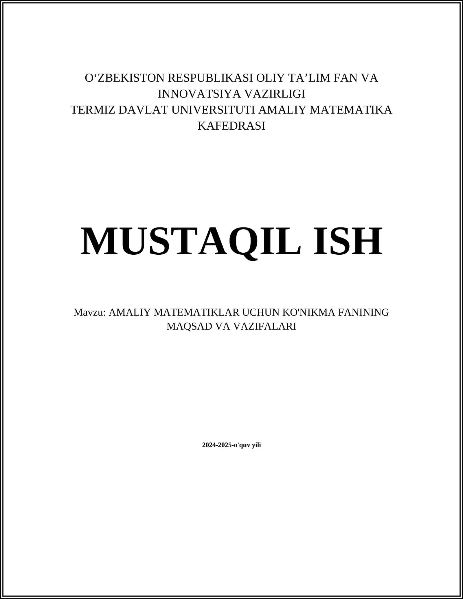 AMALIY MATEMATIKLAR UCHUN KO'NIKMA FANINING MAQSAD VA VAZIFALARI