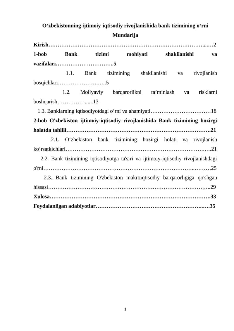 O'zbekistonning ijtimoiy-iqtisodiy rivojlanishida Bank tizimining o‘rni