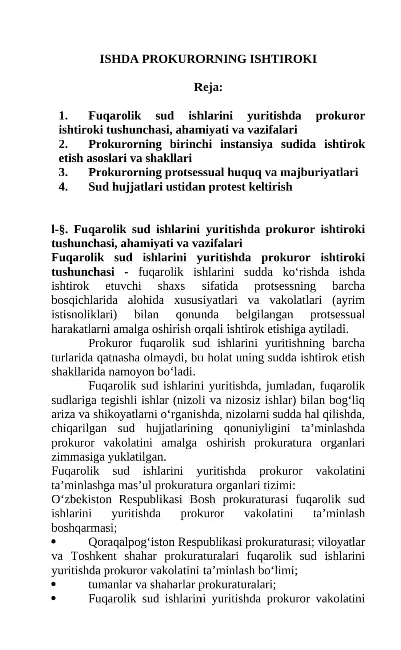 Fuqarolik sud ishlarini yuritishda prokuror ishtiroki