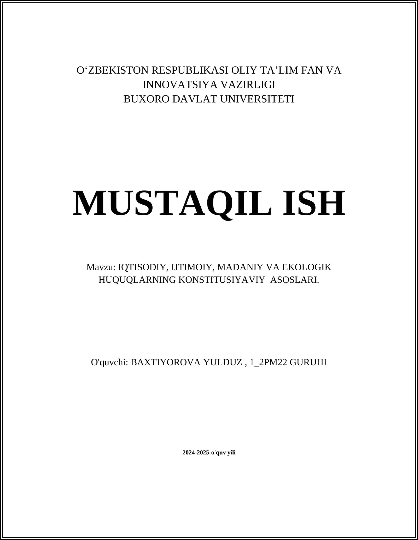 IQTISODIY, IJTIMOIY, MADANIY VA EKOLOGIK HUQUQLARNING KONSTITUSIYAVIY ASOSLARI