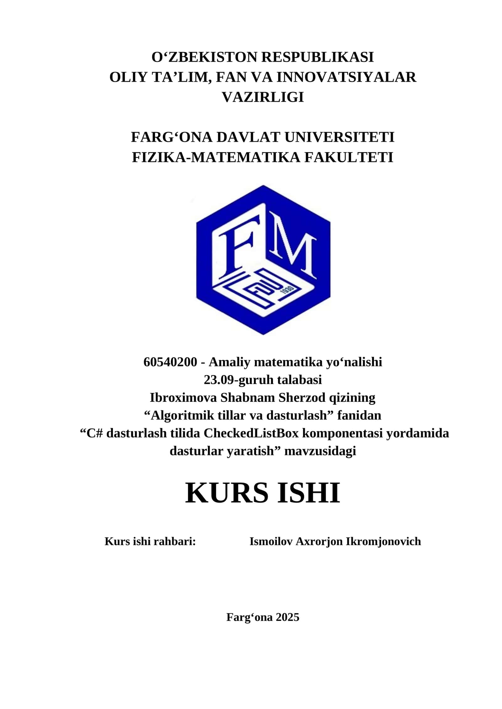 C# dasturlash tilida CheckedListBox komponentasi yordamida dasturlar yaratish
