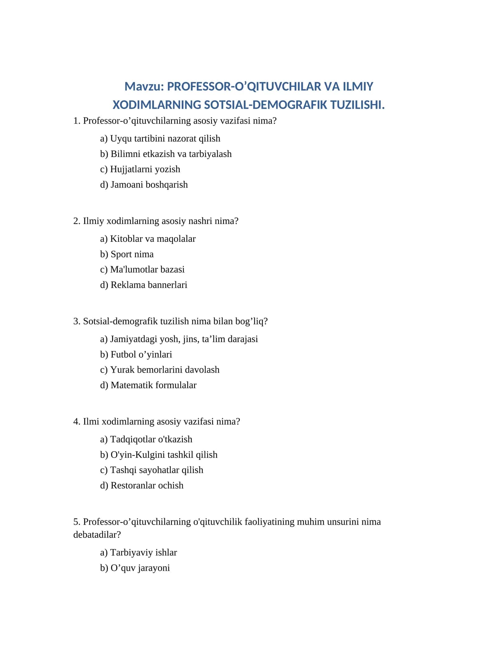 PROFESSOR-O’QITUVCHILAR VA ILMIY XODIMLARNING SOTSIAL-DEMOGRAFIK TUZILISHI